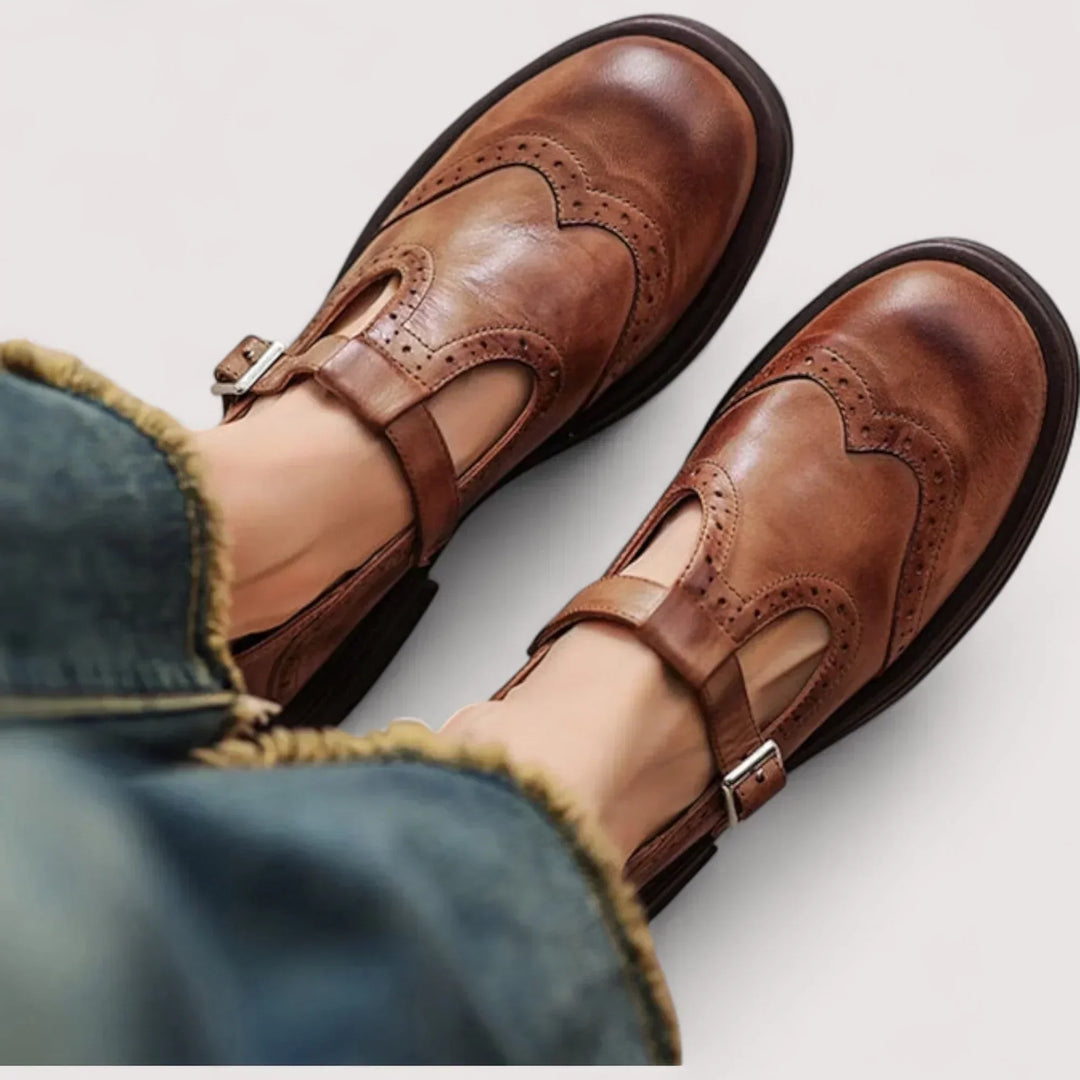 Womens Mary Jane Flat Shoes Brogue T-Bar Buckle Style - BritishMode