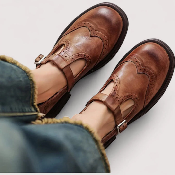 Womens Mary Jane Flat Shoes Brogue T-Bar Buckle Style - BritishMode