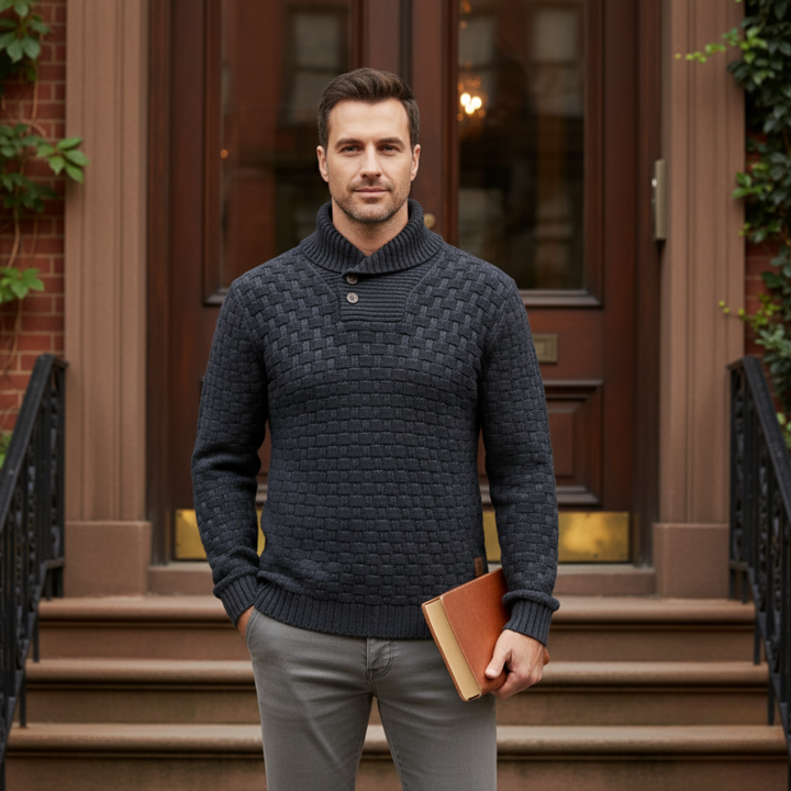 Mens Knit Sweater Textured Basketweave Shawl Collar
