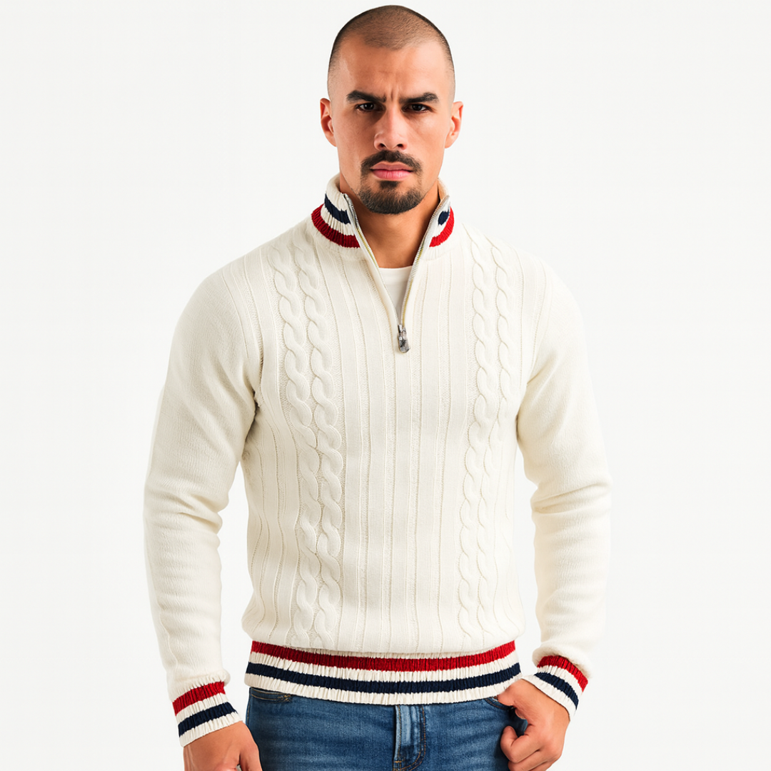 Mens Cable Knit Sweater Mock Neck Zip Front - BritishMode