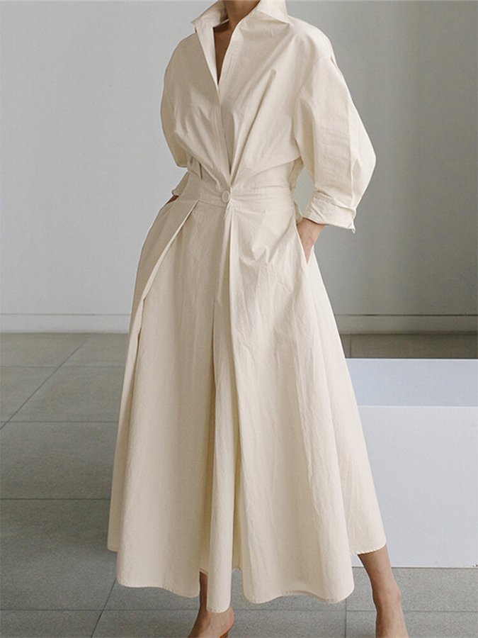 Womens Casual Midi Dress with Buttons Elegant Fit - BritishMode