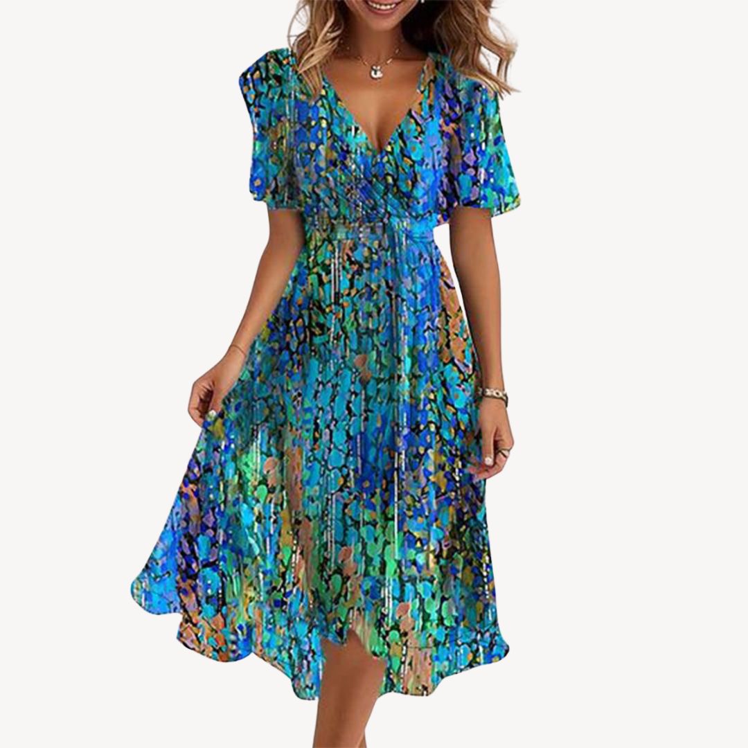 Womens Midi Dress with V-Neck Printed Design - BritishMode
