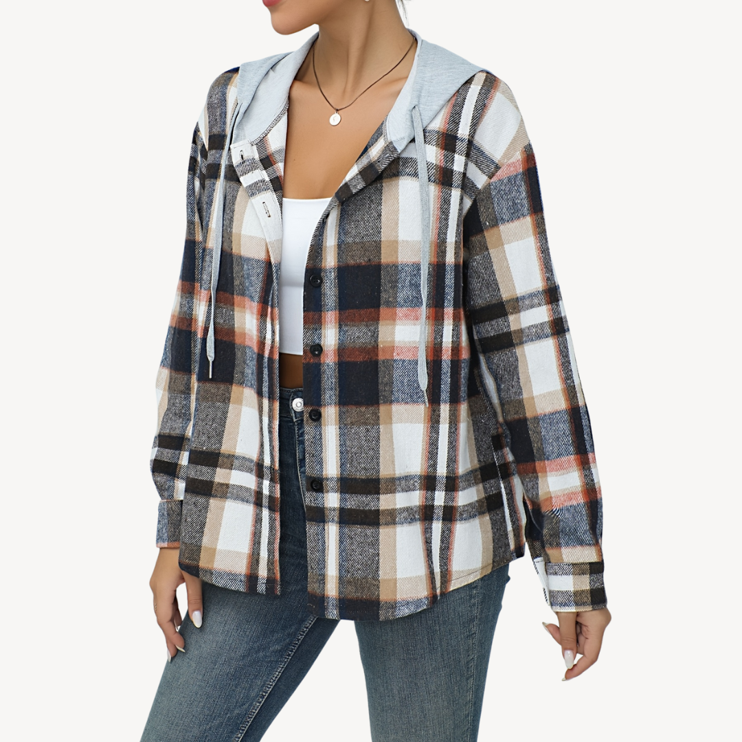 Womens Button-Down Shaket with Hoodie Plaid Pattern - BritishMode