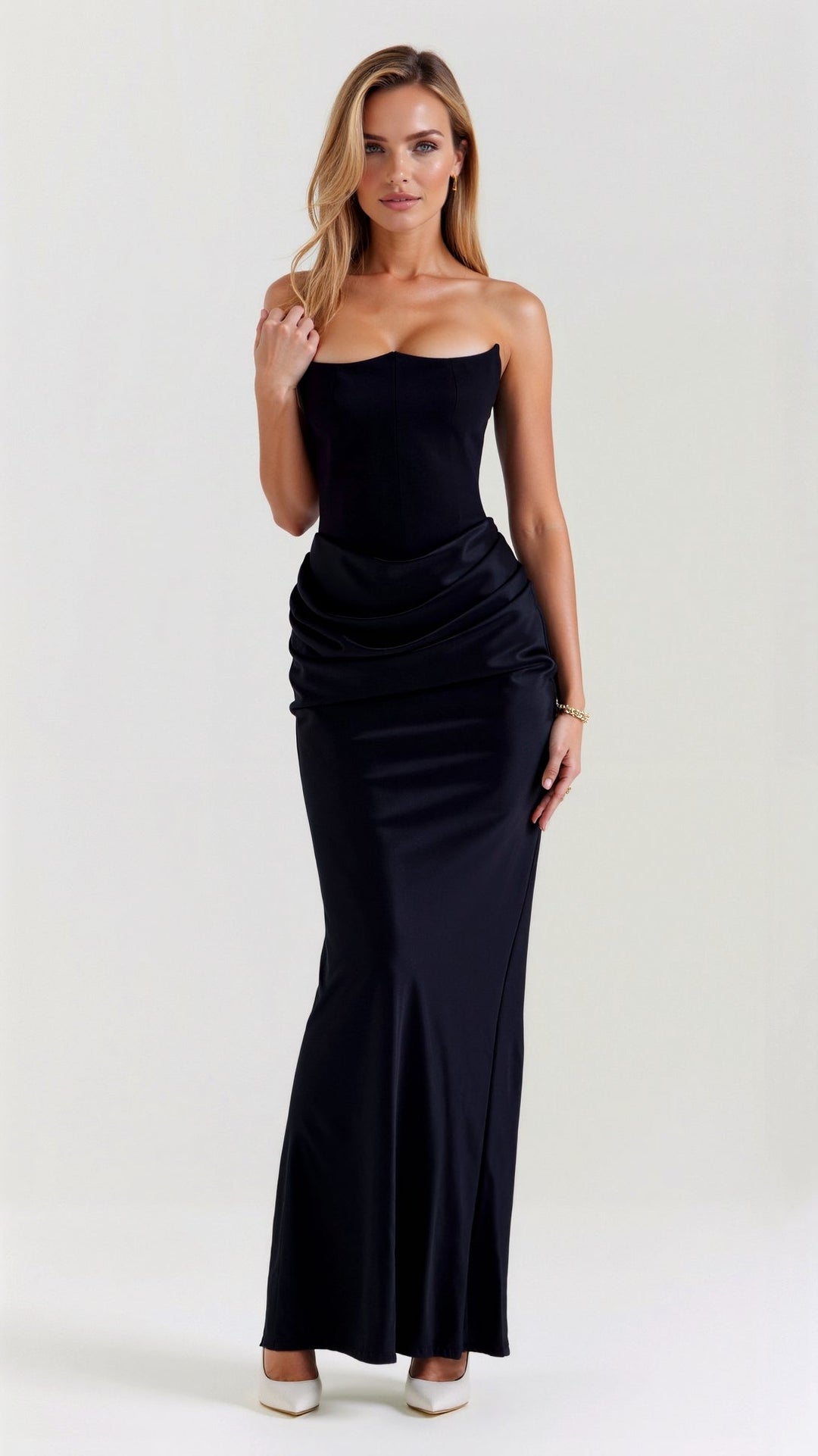 Womens Strapless Satin Maxi Dress Ruched - BritishMode