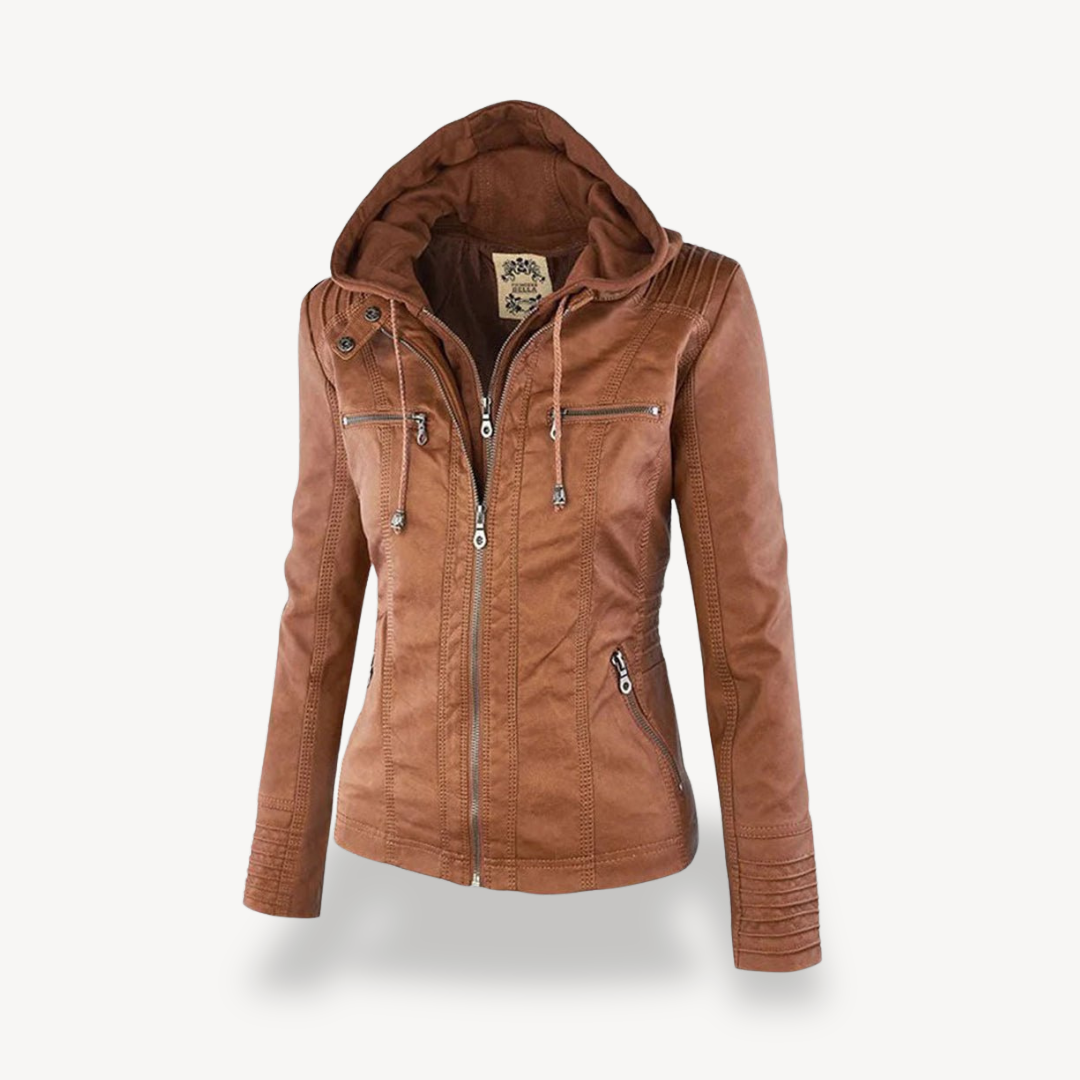 Womens Leather Hooded Jacket Waterproof - BritishMode