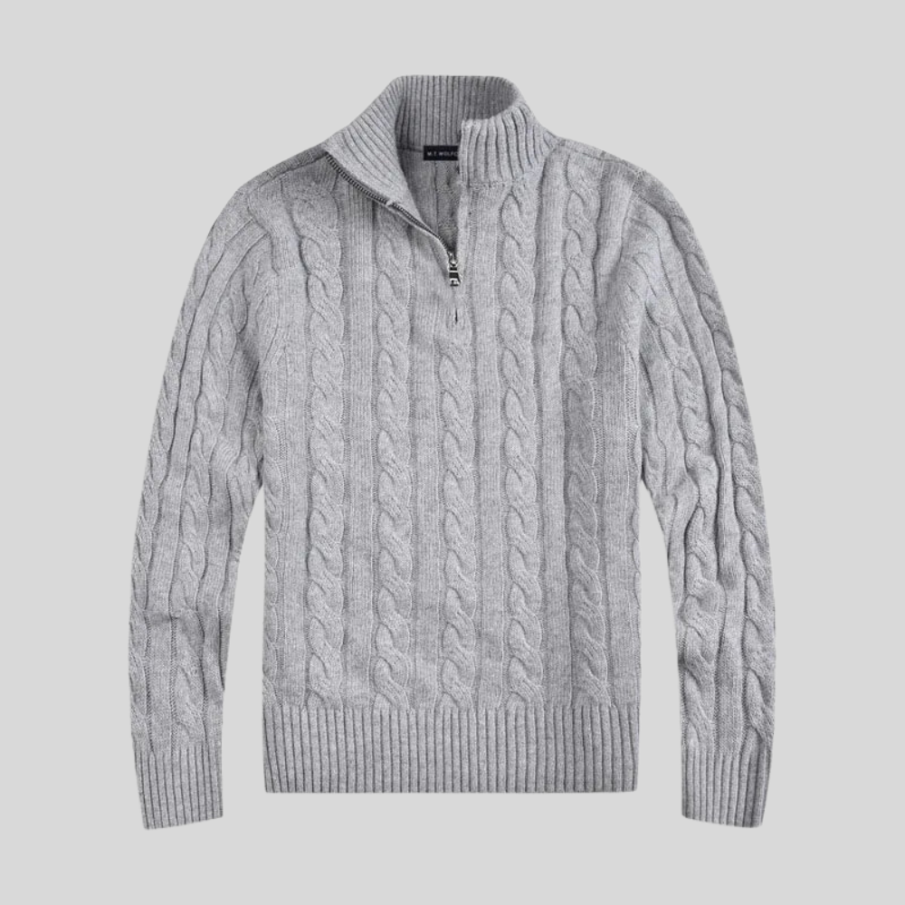 Mens Cable Knit Sweater Mock Neck Quarter Zip