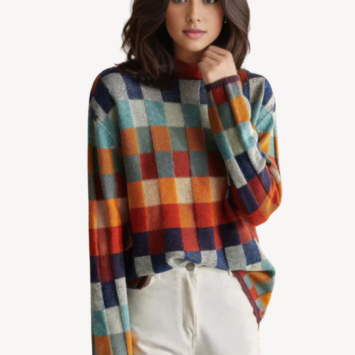 Womens Knit Sweater Checkered Pattern Regular Fit - BritishMode
