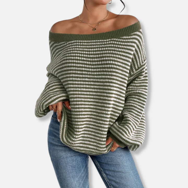 Womens Knitted Sweatshirt Textured Stripe Relaxed Fit Boat Neck