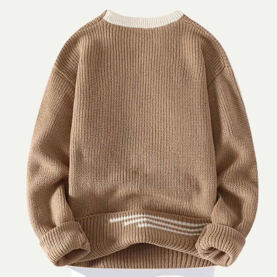 Mens Ribbed Knit Sweater with Stripe Trim