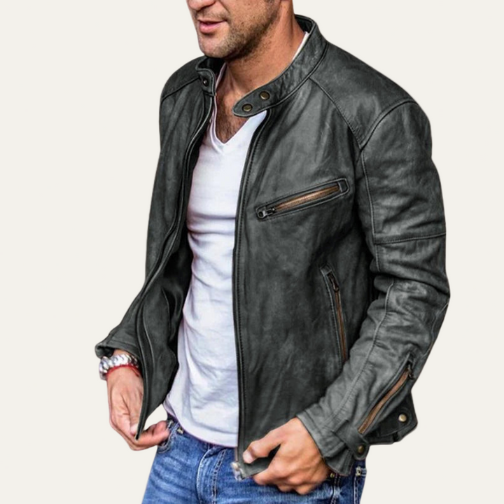 Mens Moto Jacket Faux Leather Stand Collar Vintage Style - BritishMode