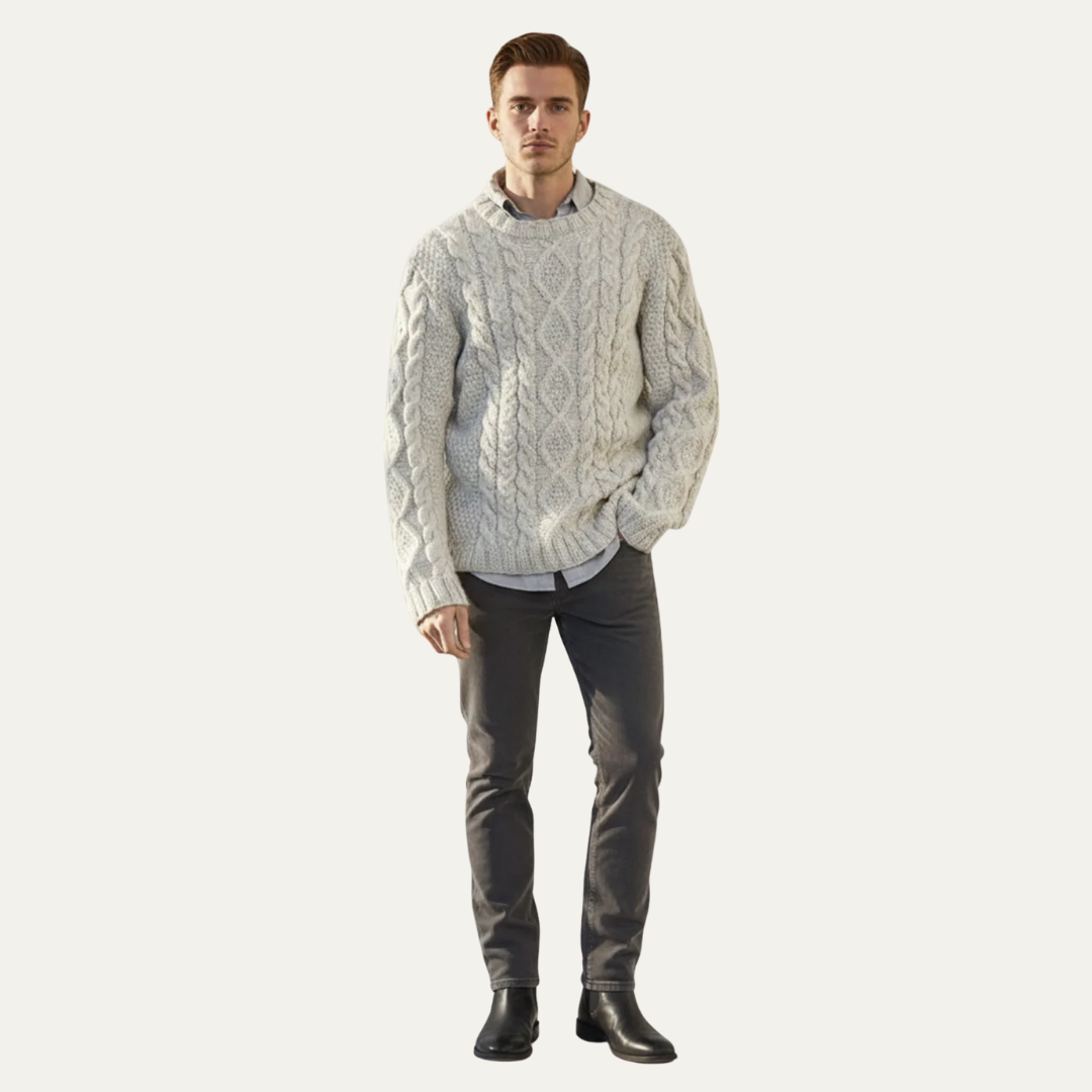 Mens Cable Knit Sweater Chunky Fit Crew Neck - BritishMode