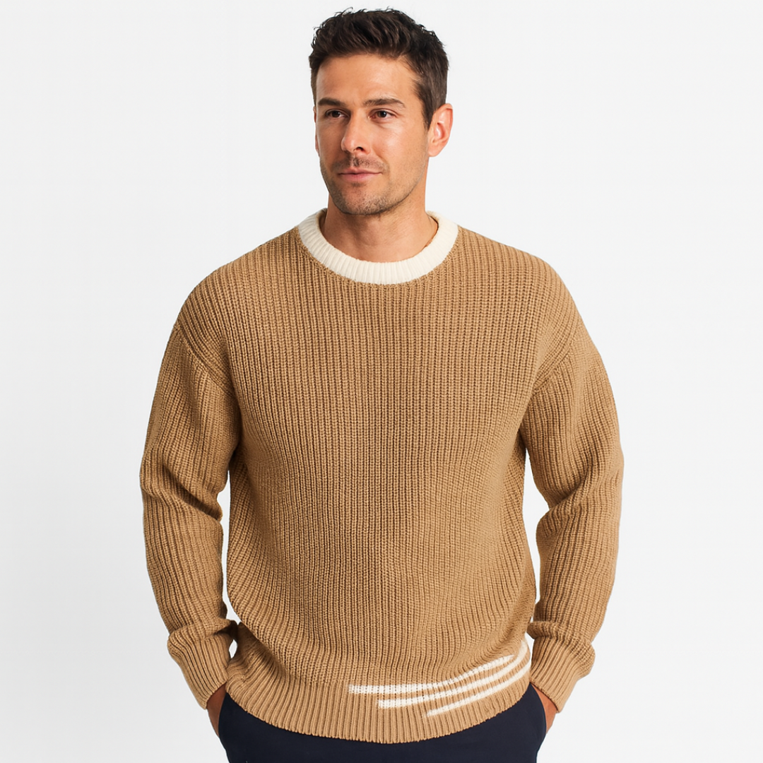 Mens Ribbed Knit Sweater with Stripe Trim - BritishMode