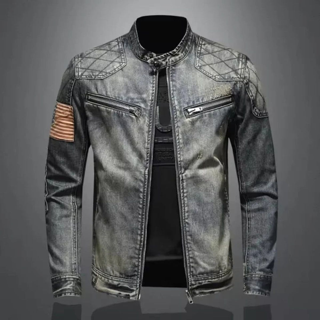Mens Denim Jacket Slim Fit Zip Collar