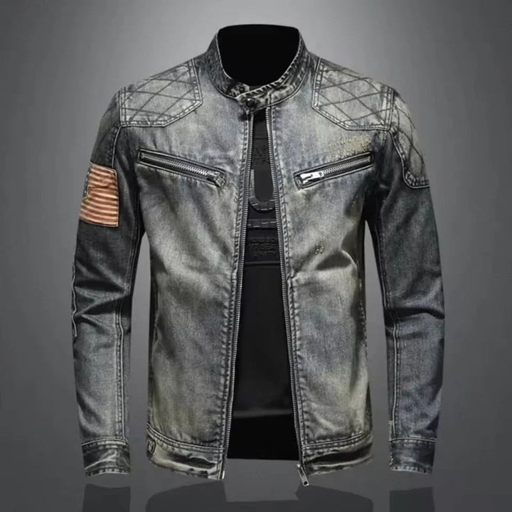 Mens Denim Jacket Slim Fit Zip Collar