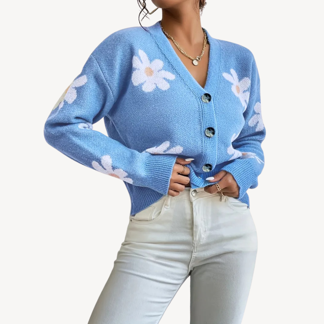 Womens Cardigan Button-Front Floral Pattern - BritishMode