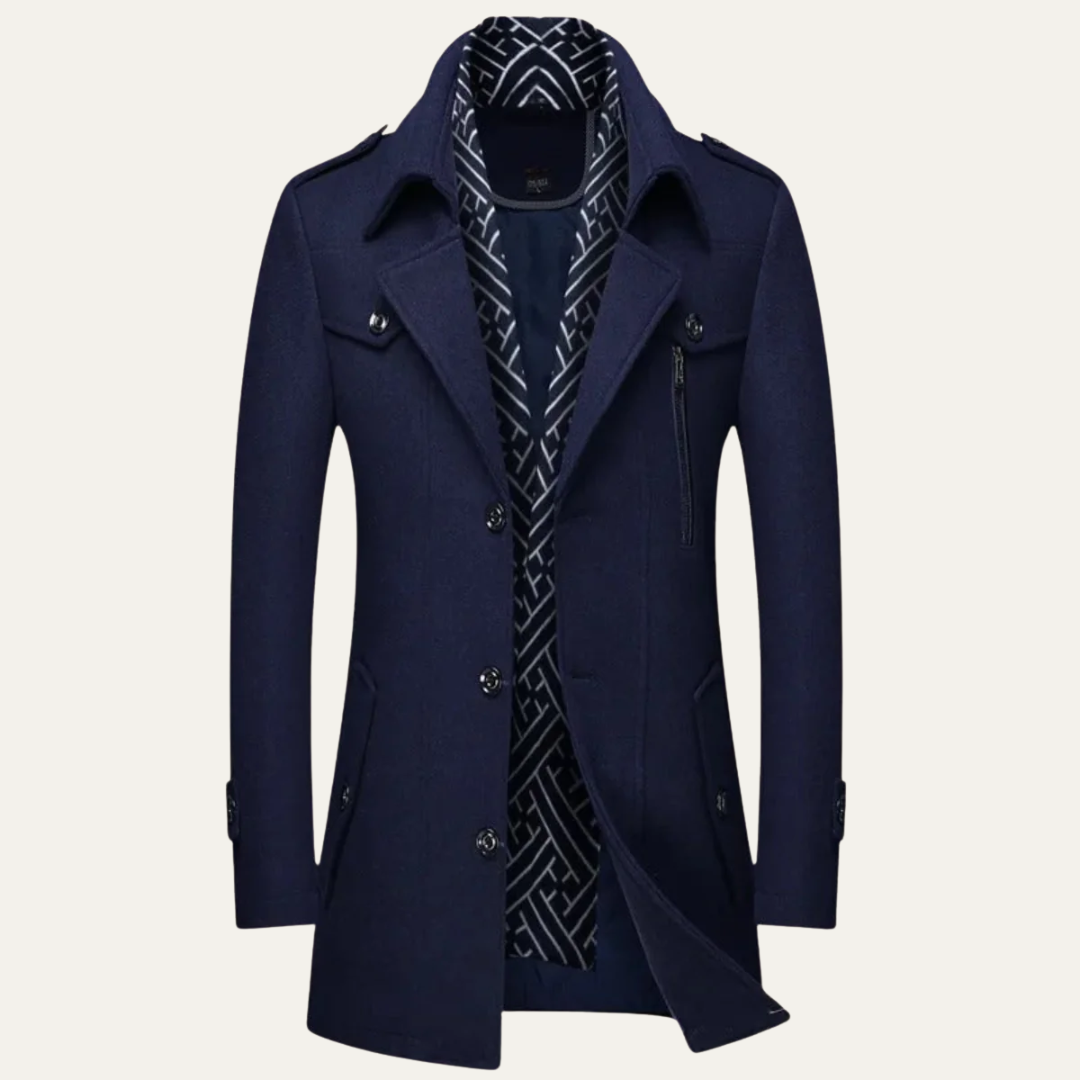Mens Peacoat Jacket Wool Layered Collar Classic Fit