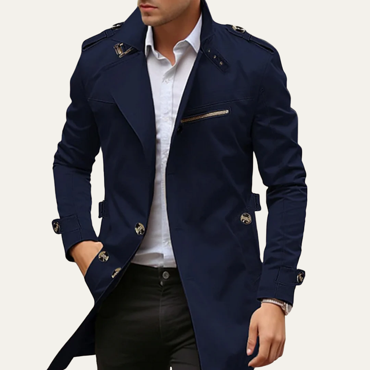 Mens Trench Coat Long Single-Breasted Classic Fit