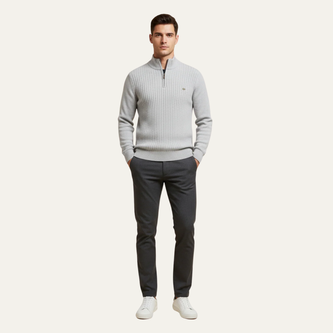 Mens Ribbed Sweater Heavy Knit Quarter Zip Mock Neck - BritishMode