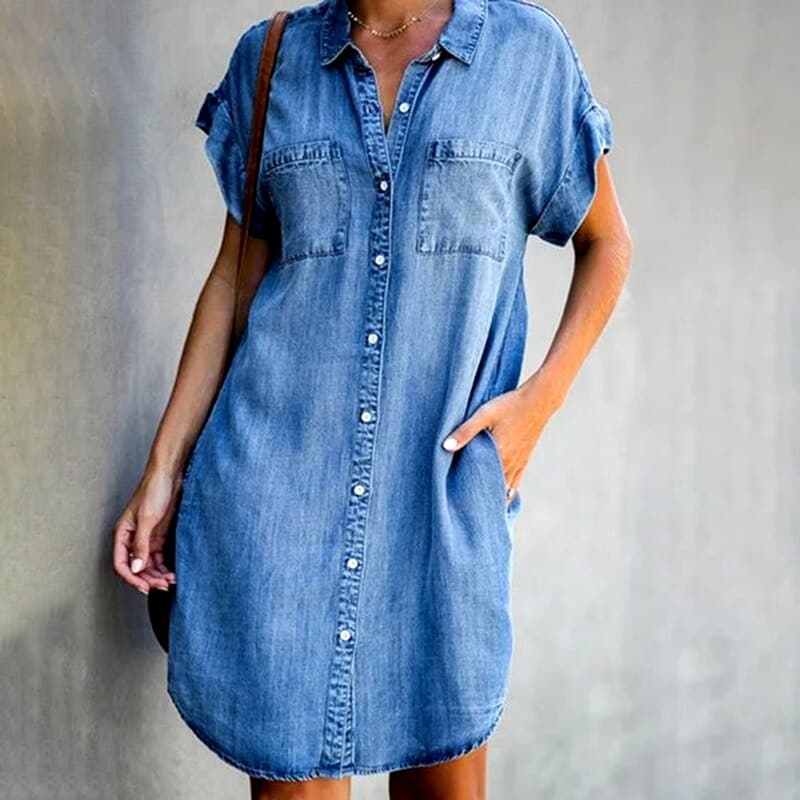 Womens Denim Dress with Buttons Comfortable Fit - BritishMode