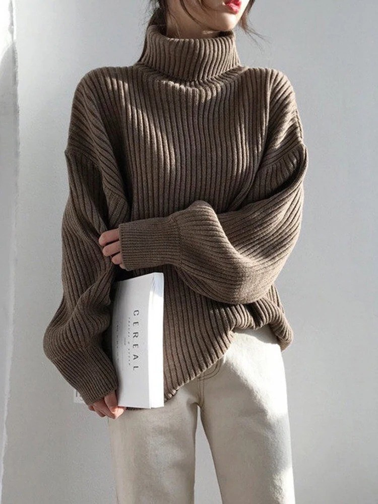 Womens Chunky Knit Sweater with Turtleneck Warm - BritishMode