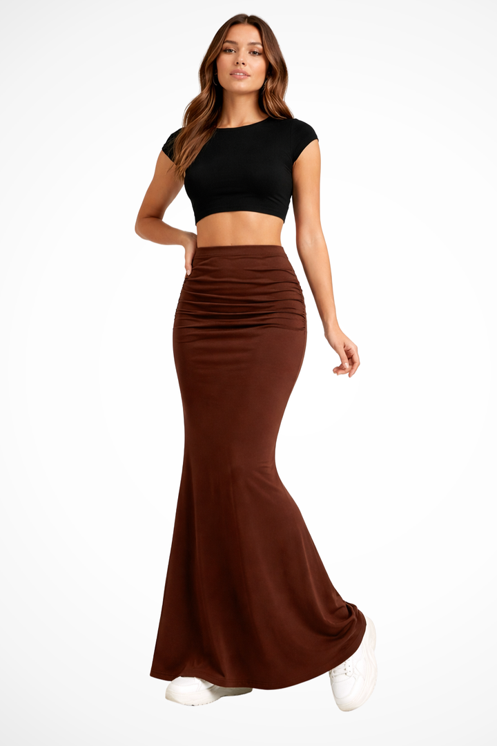 Womens Mermaid Maxi Skirt Ruched High Waist Fitted - BritishMode