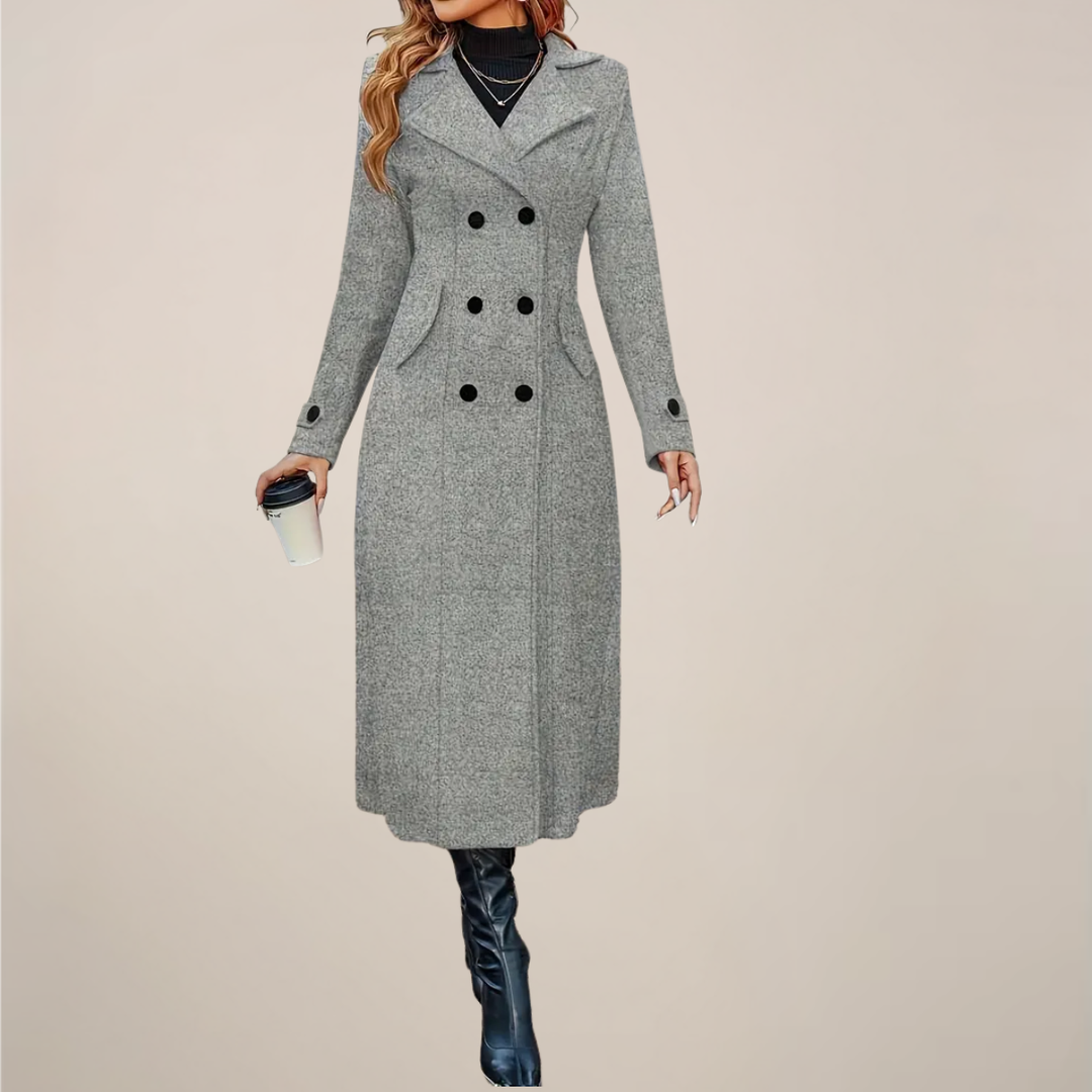 Womens Long Overcoat Wool Blend Double-Breasted Tailored Fit - BritishMode