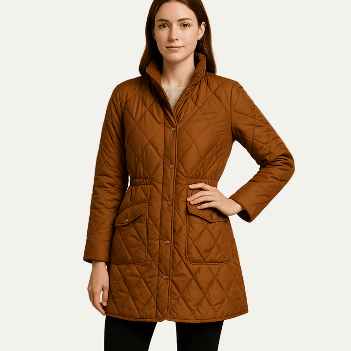 Womens Quilted Jacket Diamond Pattern Button Closure - BritishMode