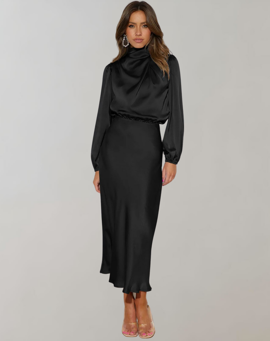Womens Satin Bodycon Midi Dress Long Sleeve