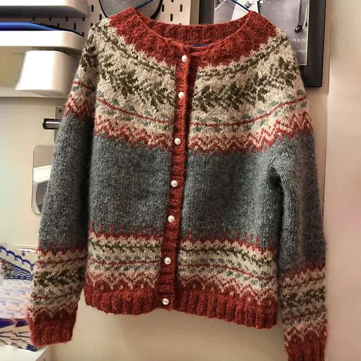 Womens Knitted Cardigan Nordic Pattern Relaxed Fit - BritishMode