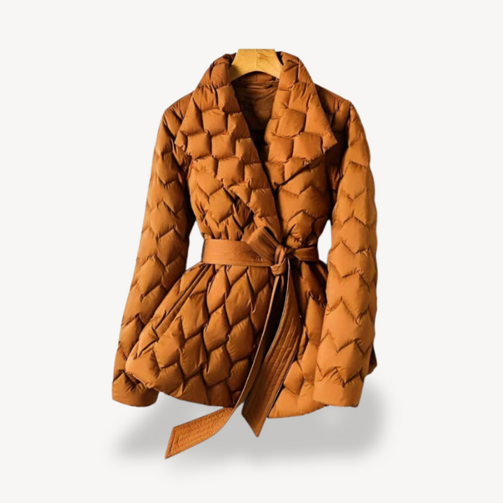 Womens Quilted Puffer Jacket with Belted Waist - BritishMode