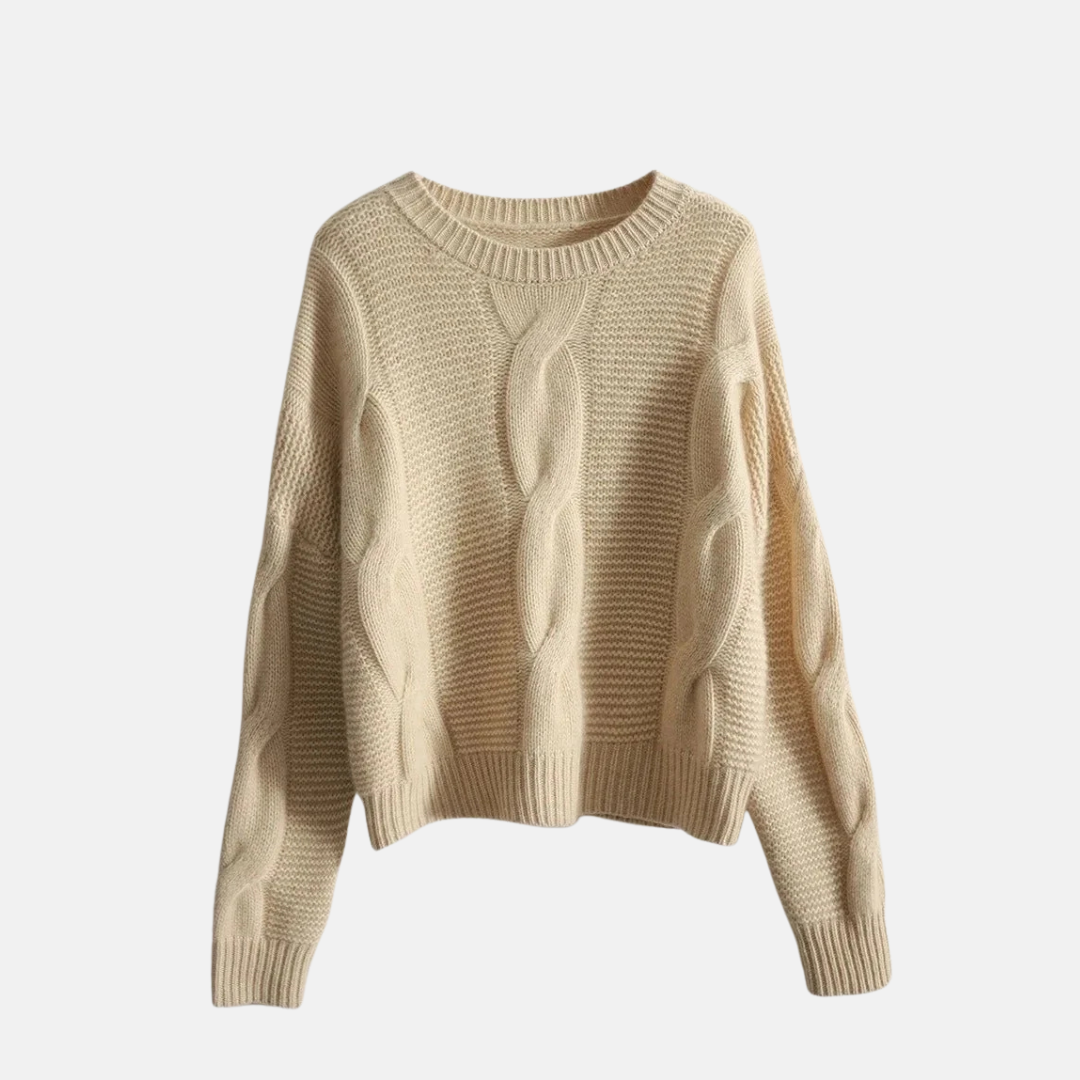 Womens Wool Blend Sweatshirt Cable Knit Ribbed Trim Relaxed Fit - BritishMode