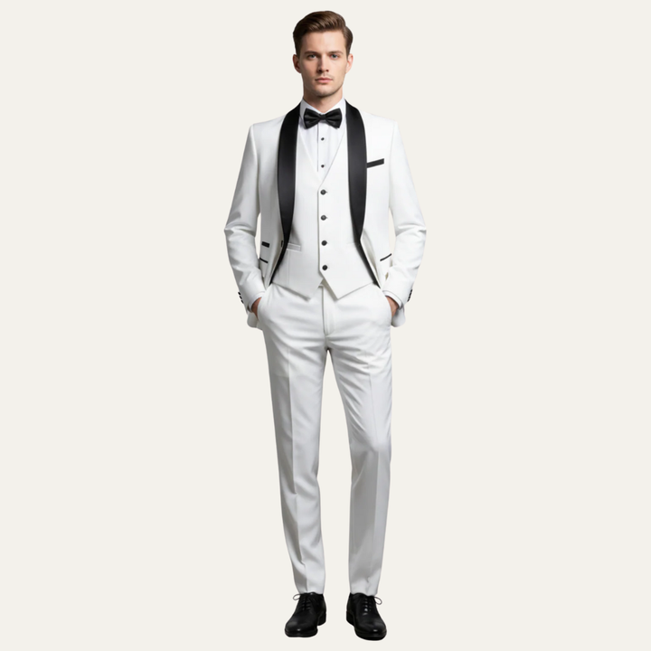 Mens Three-Piece Tuxedo Suit Satin Lapel Tailored Fit - BritishMode
