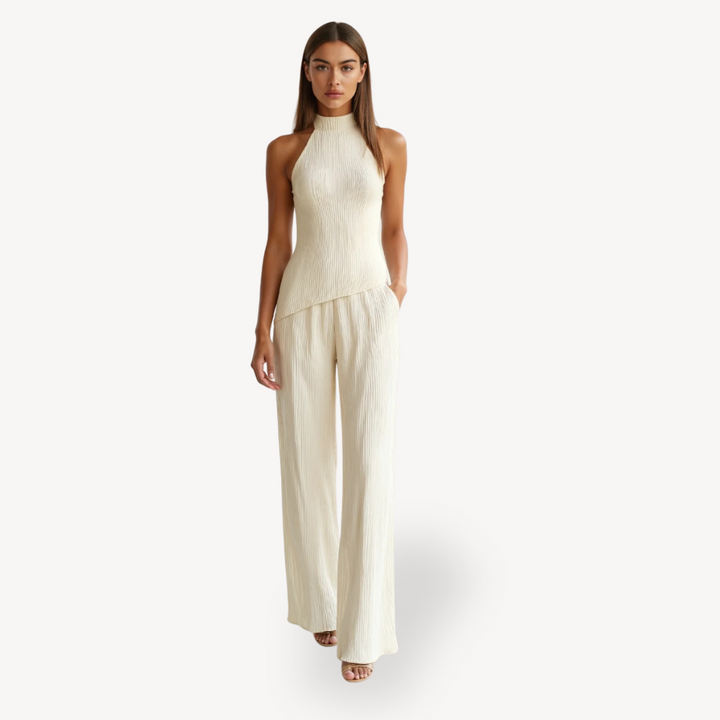Womens Two-Piece Set Pleated Knit High-Neck - BritishMode
