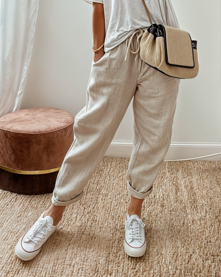 Mens Linen Jogger Trousers Textured Drawstring Fit - BritishMode