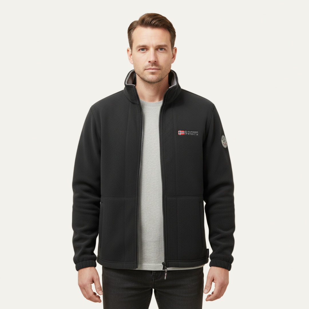 Mens Fleece Jacket Textured High Collar Zip Front - BritishMode
