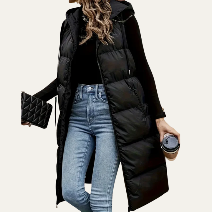 Womens Longline Puffer Vest with Hooded Design