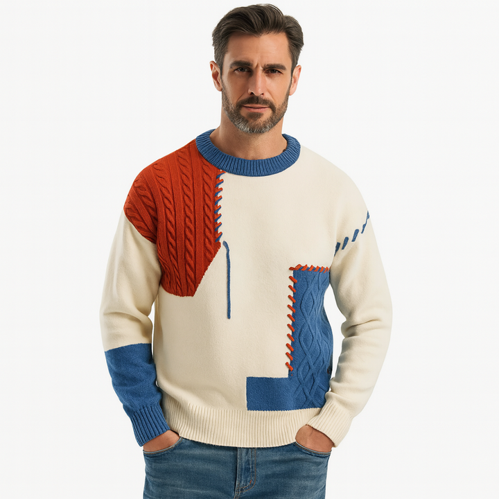 Mens Crew Neck Sweater Patchwork Contrast Panels - BritishMode