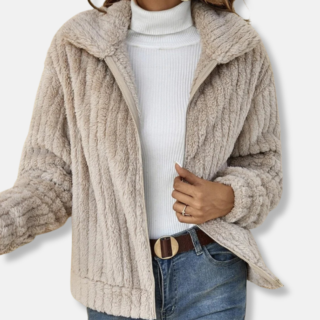 Womens Ribbed Teddy Bomber Jacket Cropped Relaxed Fit - BritishMode