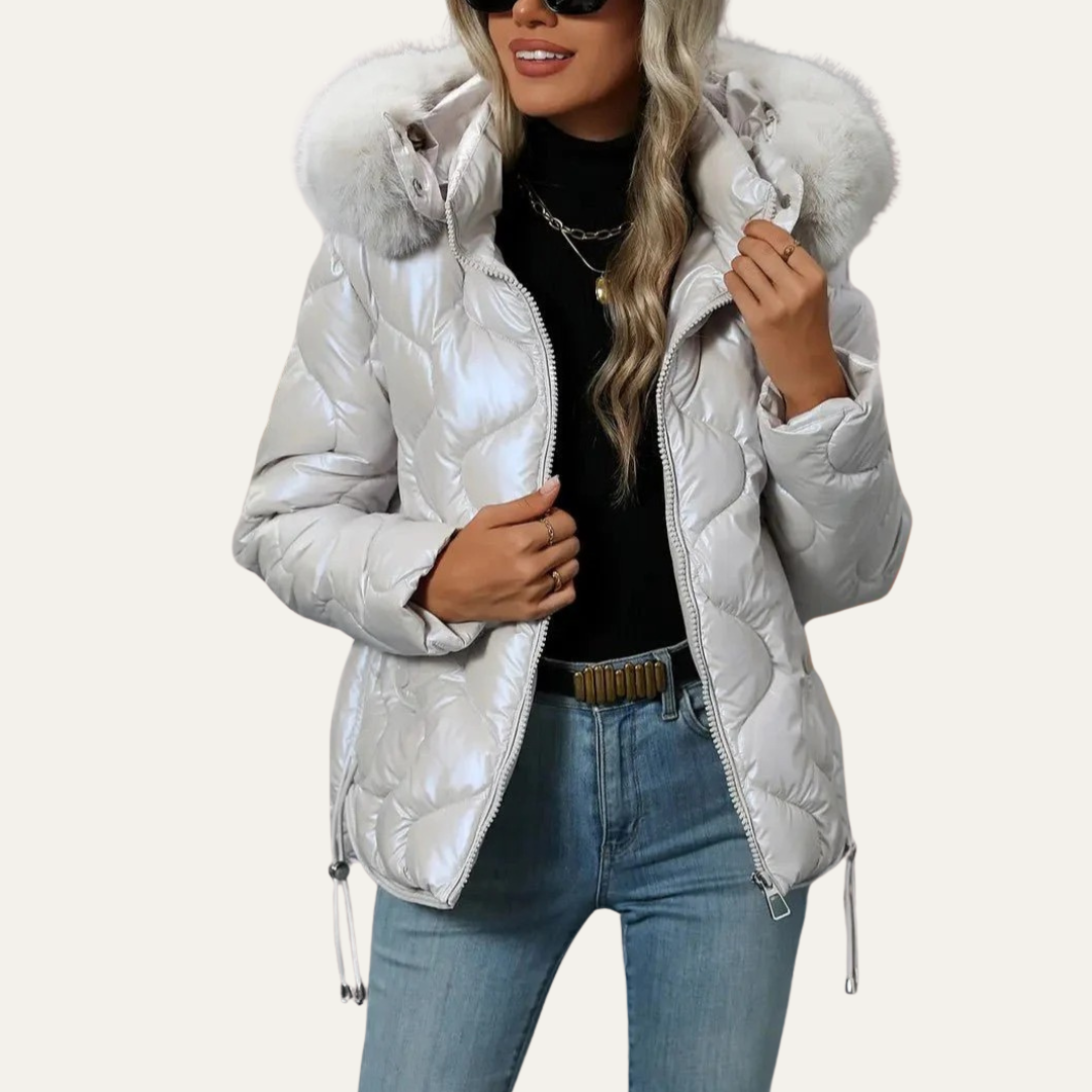 Womens Quilted Puffer Jacket Metallic Insulated Fit