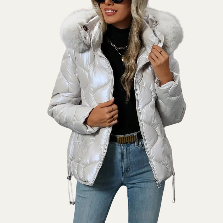 Womens Quilted Puffer Jacket Metallic Insulated Fit