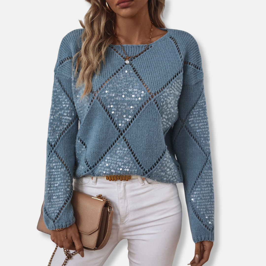 Womens Knitted Sweatshirt with Diamond Openwork and Sequin - BritishMode