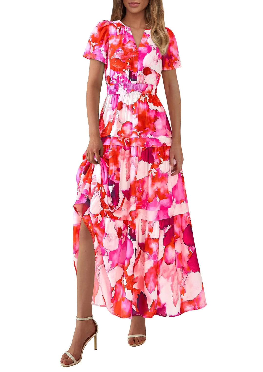 Womens Maxi Dress Floral Boho V-Neck Short Sleeve Flowy A-Line
