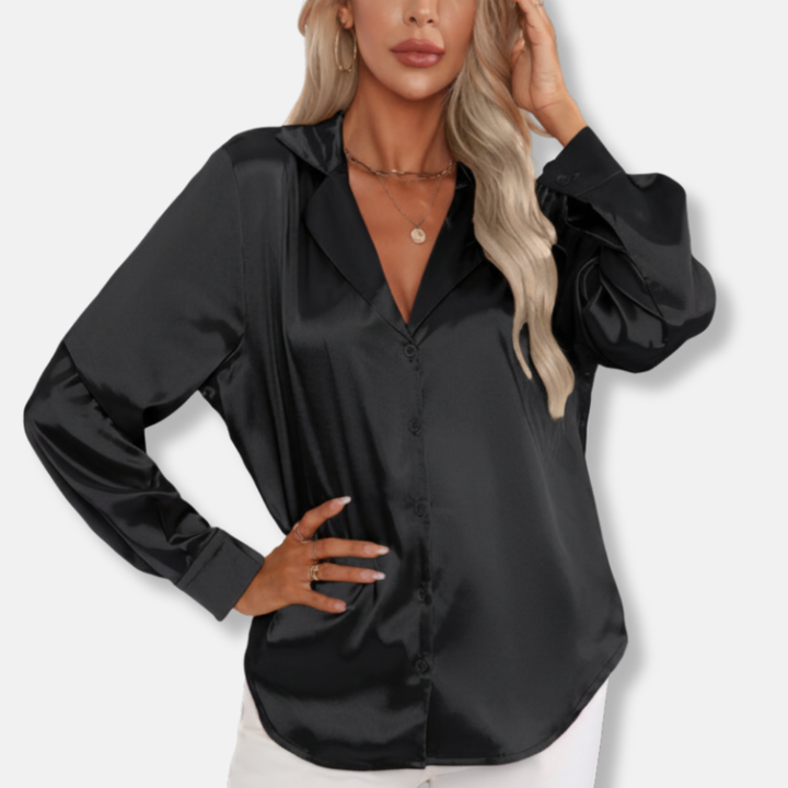 Womens Satin Button-Down Blouse Relaxed Fit Collared - BritishMode
