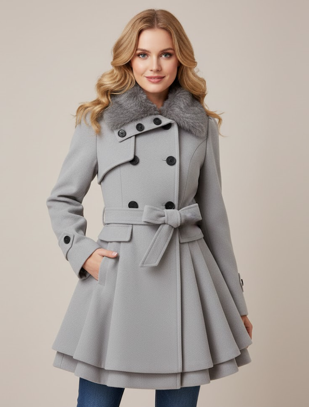 Womens Double-Breasted Coat with Belt and Faux Fur Collar Flared Fit