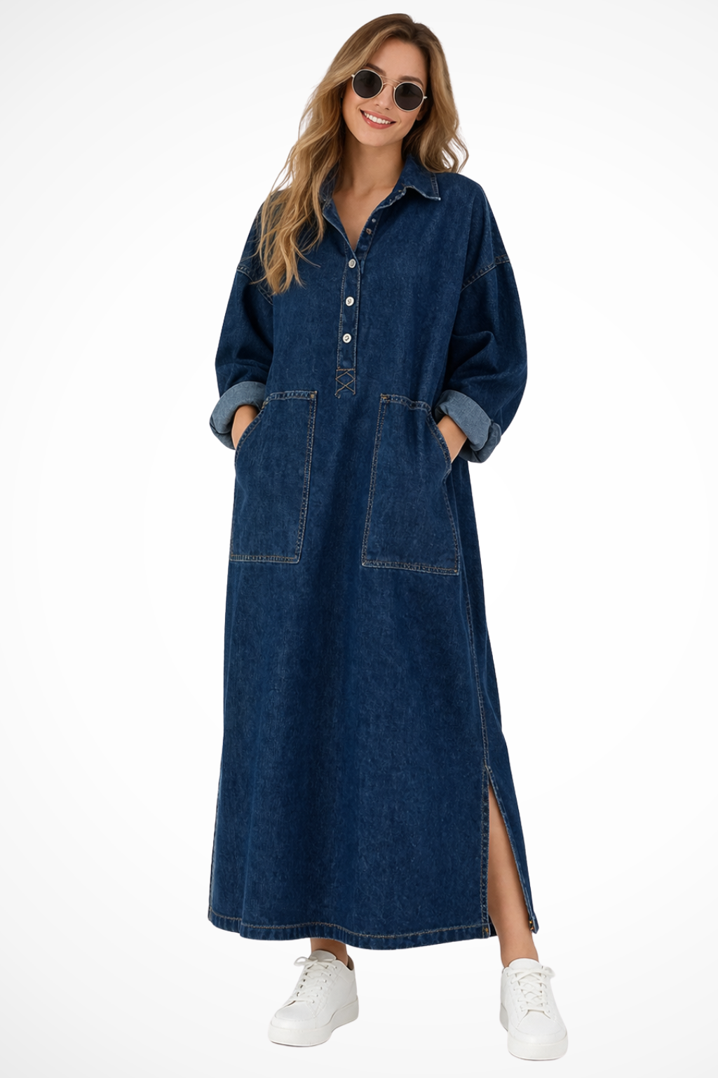Womens Denim Maxi Dress Oversized Long Sleeve Collared with Pockets - BritishMode