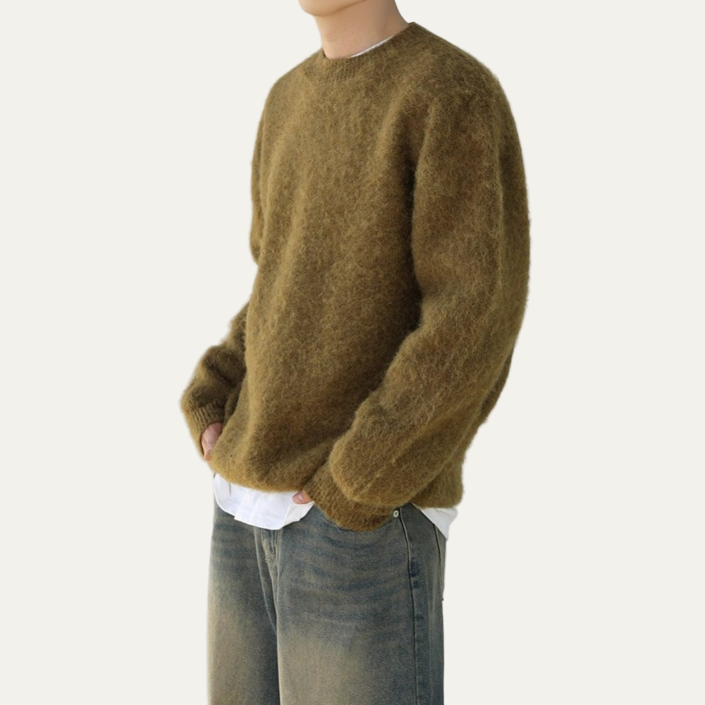 Mens Crew Neck Sweater Fuzzy Relaxed Fit