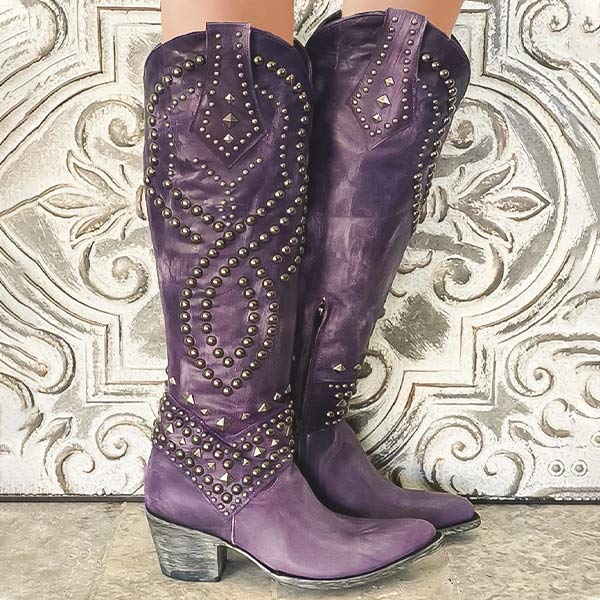 Womens Knee-High Boots Western Style Leather