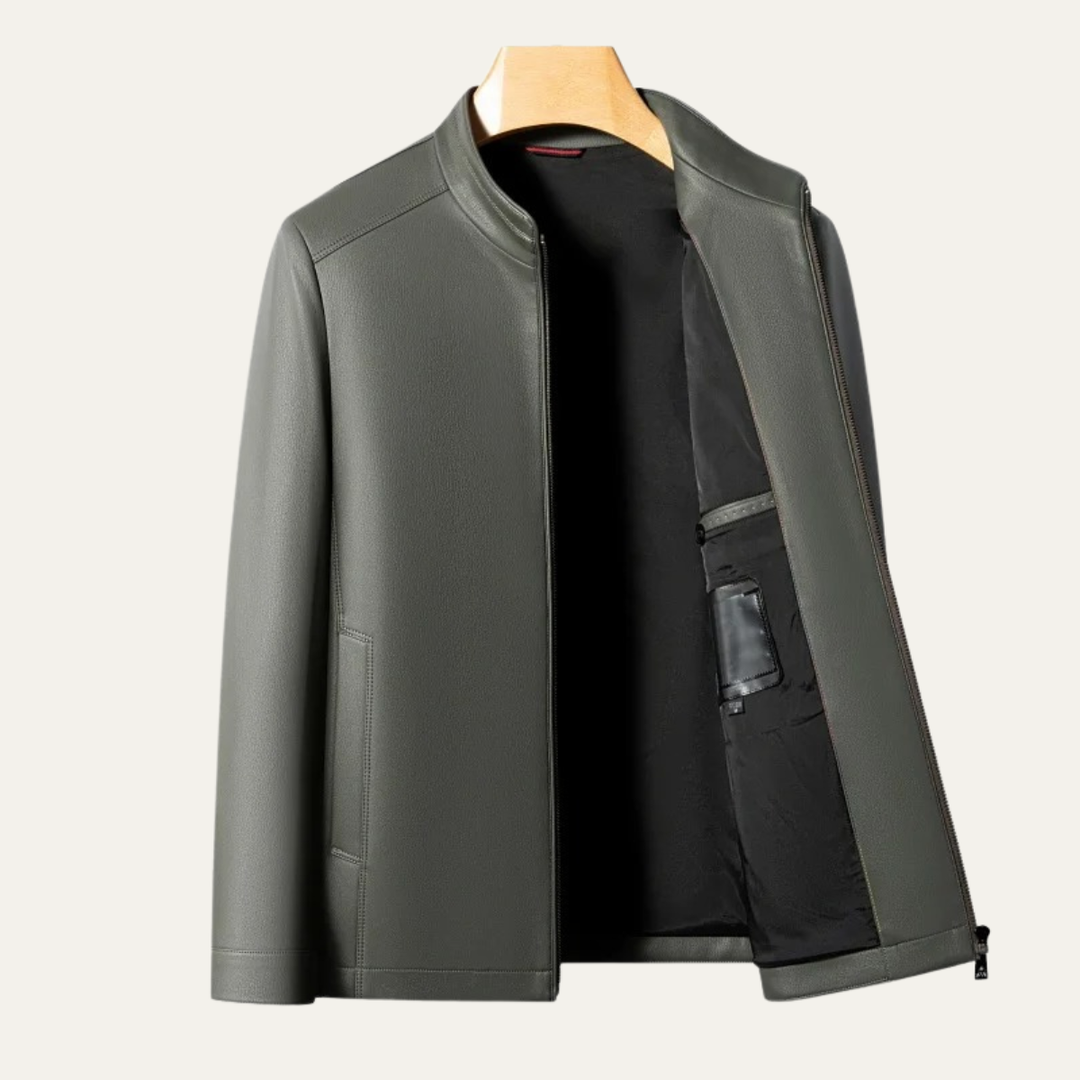 Mens Leather Casual Jacket with Stand Collar