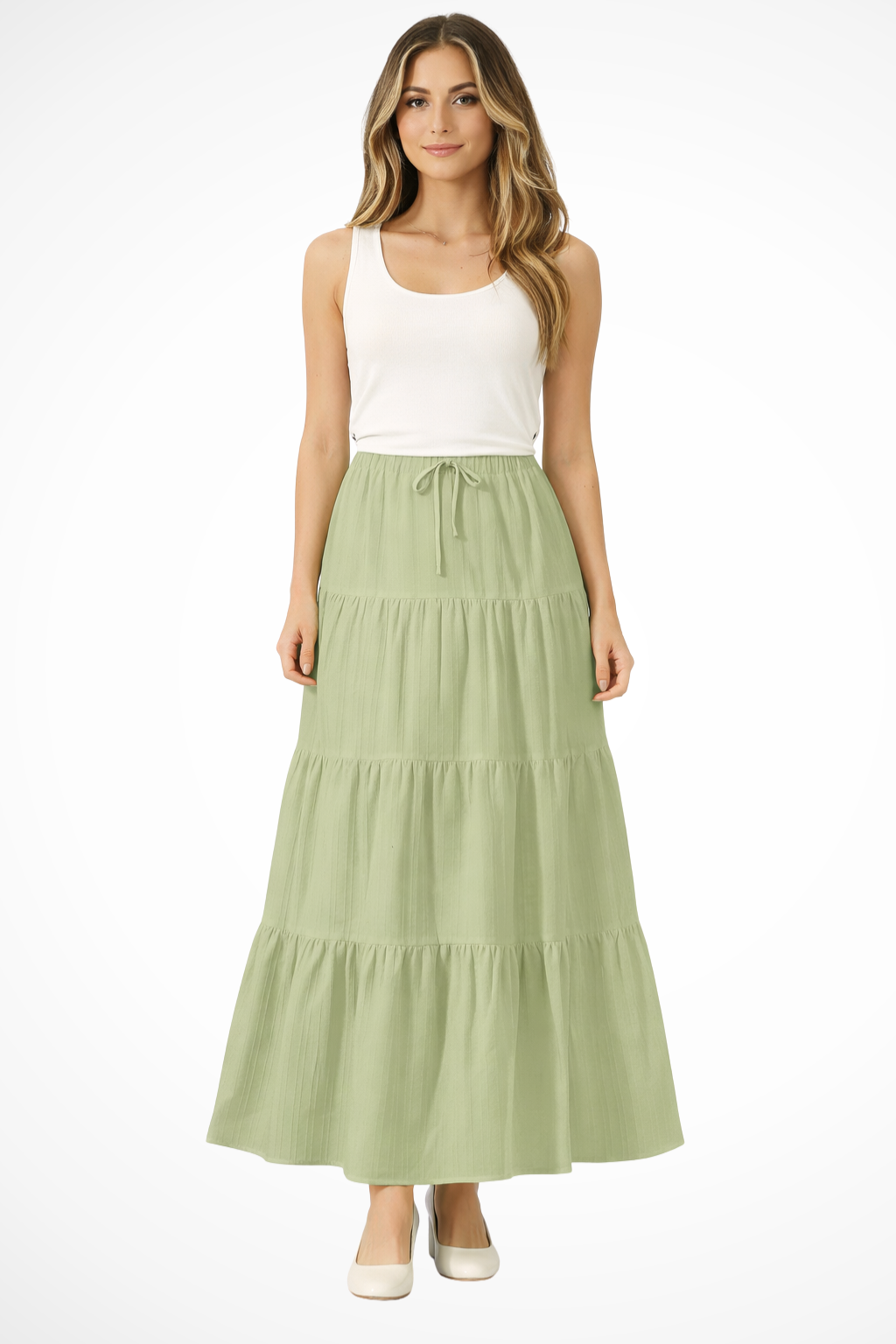 Womens Maxi Skirt Elastic Waist Drawstring Tiered Boho Style