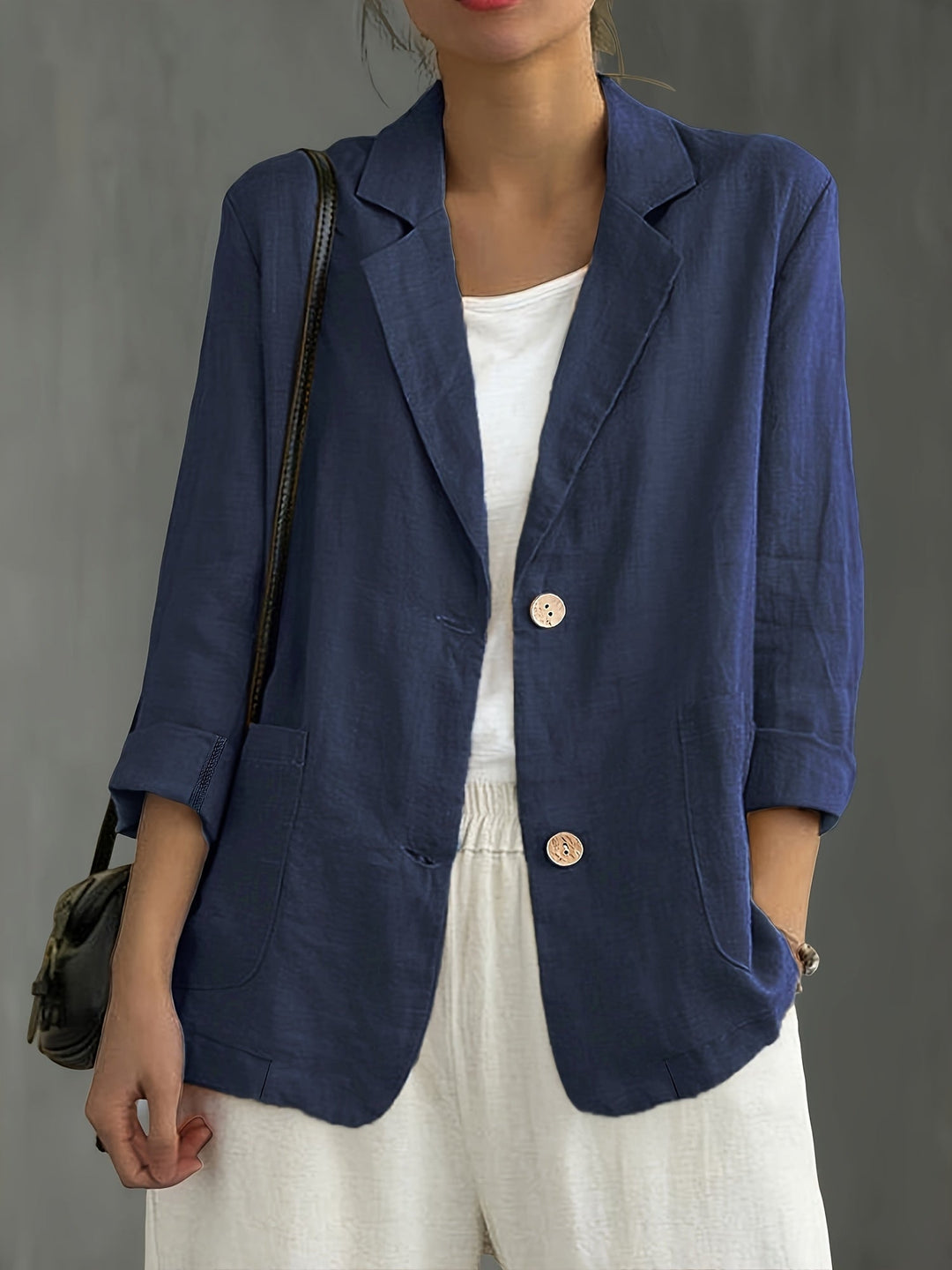 Womens Linen Blazer Long Sleeve Button Front with Pockets - BritishMode